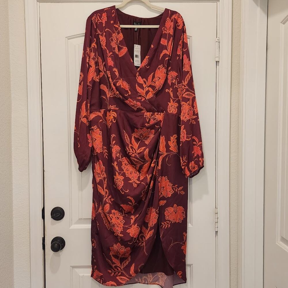Ella Rafaella 2x NWT slight FLAW maroon fall floral faux wrap dress